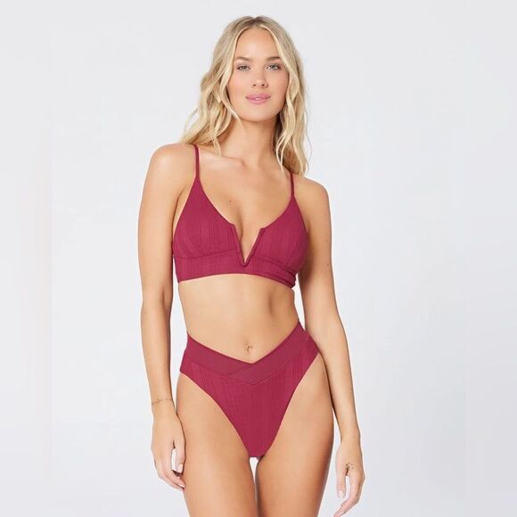 New L*SPACE Court Bitsy Cut Bikini Bottom High Waist‎ Pointelle Rib Red Small - Picture 1 of 8